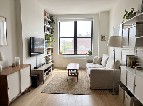 Cozy small apartment living room with sofa, bookshelf and city window
