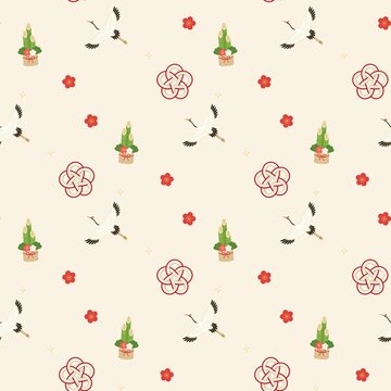 Japanese New Year seamless pattern with flying crane, kadomatsu, mizuhiki knot and plum blossoms on cream background