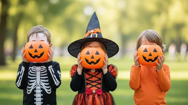 Children in halloween costumes holding pumpkin buckets