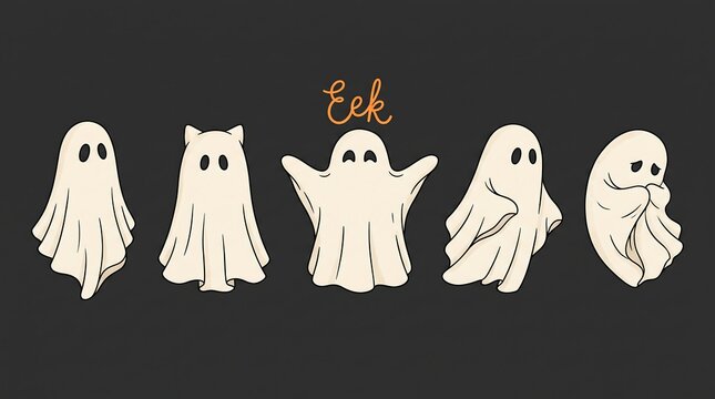 Five cartoon ghosts standing in a row with a playful &lsquo;Eek&rsquo; label above them for Halloween or spooky-themed.