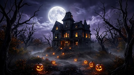 Fototapeta premium Haunted mansion with jack o lanterns under a full moon