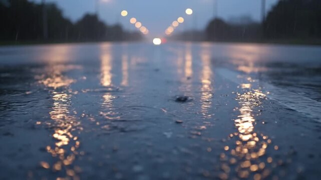 Reflections of streetlights on wet asphalt road during rainstorm atmospheric urban evening