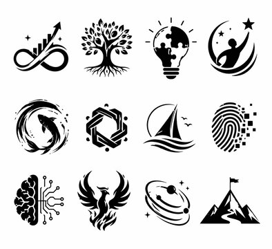 Minimalist black icons set, 12 abstract business symbols, modern conceptual vector logos for branding and corporate identity