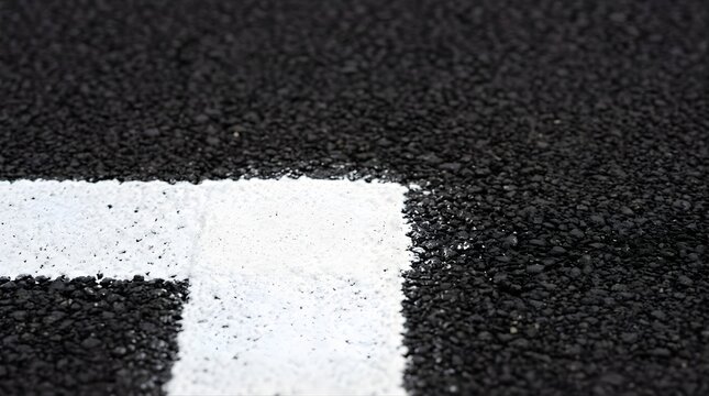 White painted corner line marking on dark black asphalt road surface