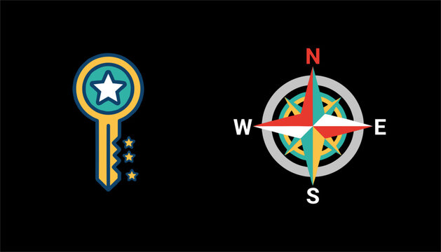Colorful vintage style key and a classic navigational compass with cardinal directions on a solid black background.