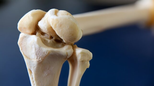 Close up of human knee joint model showing bone structure and articulating surfaces under soft lighting