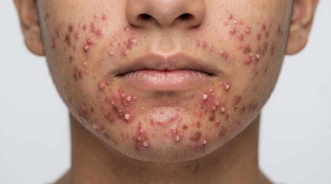 Close up of lower face heavily infected with severe cystic acne pustules and whiteheads on chin