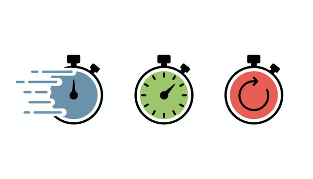 Colorful stopwatch icon set showcasing time speed measurement duration and repeating countdown processes.