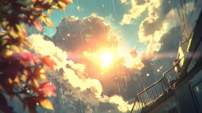 Anime Style Sunshower Background with Sun Rays Glowing Through Clouds and Rain Over the Balcony
