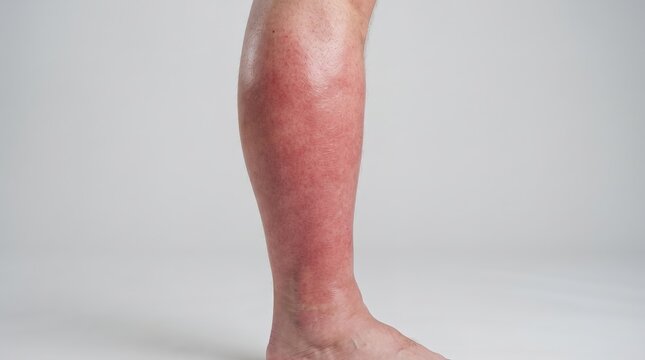 Close Up of Swollen Red Human Leg Showing Symptoms of Cellulitis Infection or Deep Vein Thrombosis