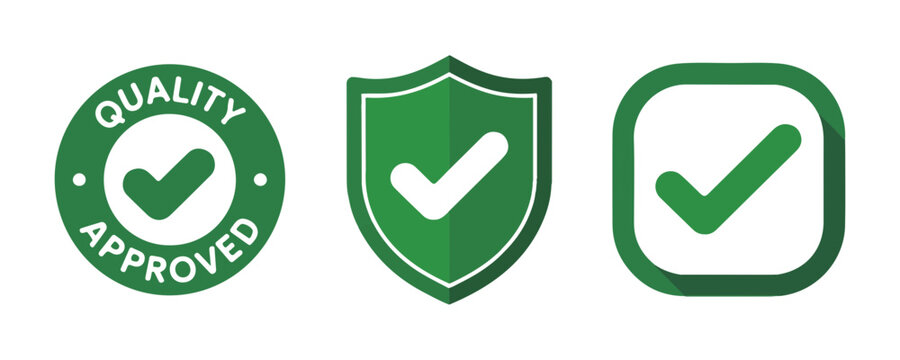 Green quality approved stamp and shield icons with checkmarks for verified product trust.
