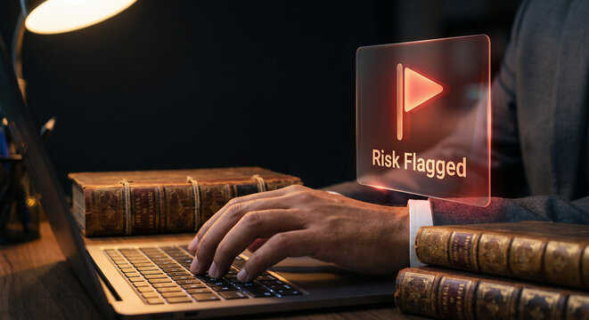 Internal auditor hand on laptop with holographic risk flagging assessment interface, corporate internal audit compliance concept in finance office