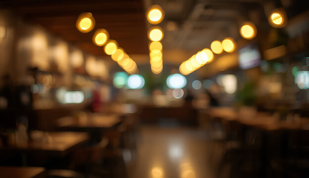 Blurry image of a restaurant interior featuring tables and chairs arranged for dining.