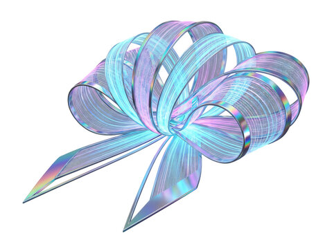 Illustration of Colorful holographic bow ribbon with iridescent shine isolated on transparent background.