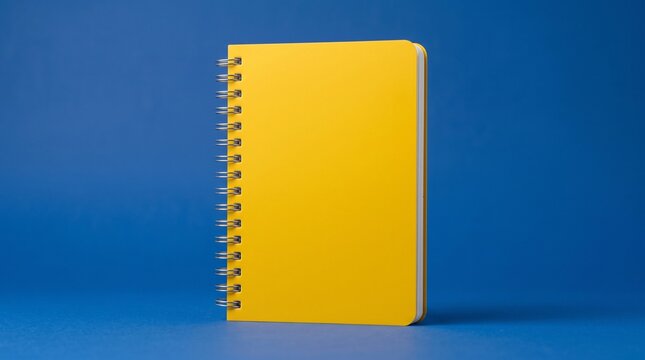 Bright yellow spiral notebook on blue background for office use