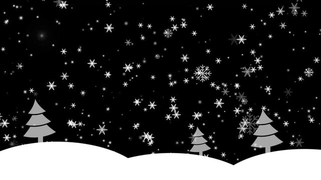 Winterthemed design featuring falling snowflakes against a dark sky with three grey evergreen trees. Perfect for holiday cards christmas or backgrounds.