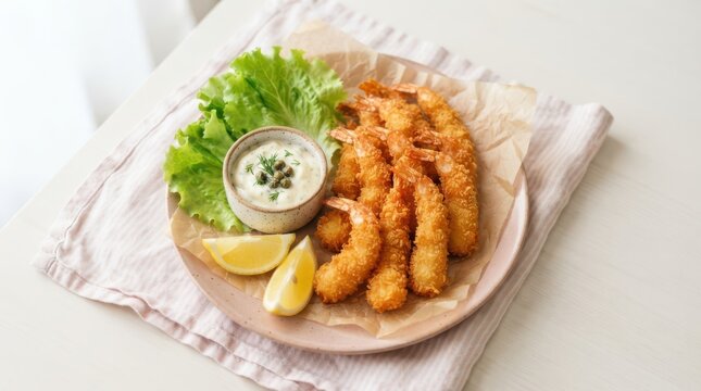 Crispy fried shrimp served on a pink plate with tartar sauce, lettuce, and lemon wedges on a white napkin