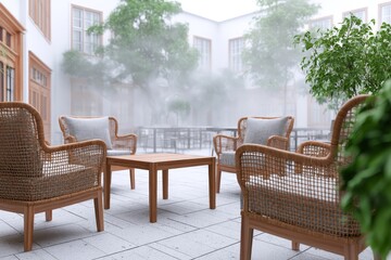 Fototapeta premium Terrace dining chairs in early morning sea mist with soft muted palette and empty table, tactile foreground details.