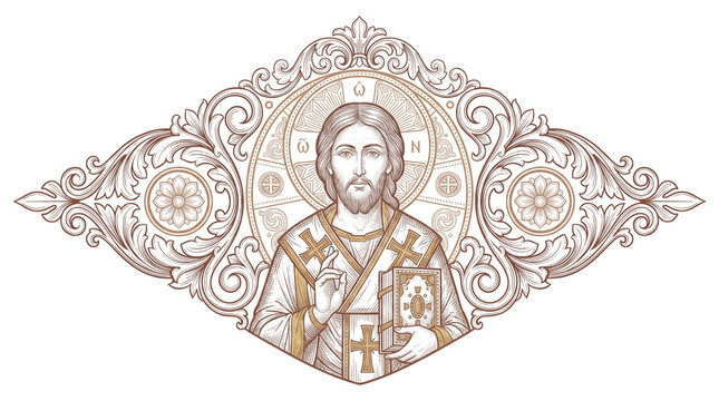 Jesus Christ Pantocrator with Holy Gospel in Ornamental Frame - Engraving Style Illustration