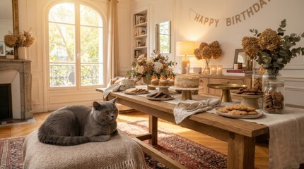 Fototapeta premium Cozy birthday celebration with a British Shorthair cat and sweet treats