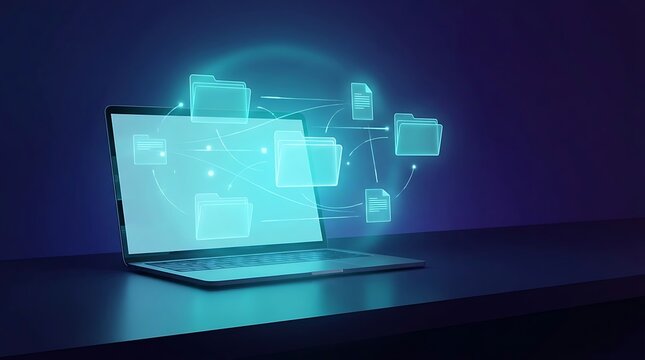Glowing digital files transferring wirelessly from a modern silver laptop screen