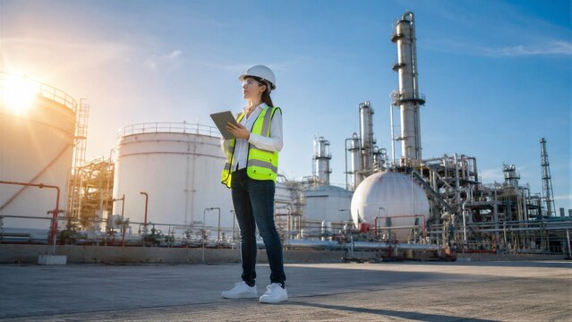Professional female engineer wearing safety gear and a helmet uses a digital tablet at an industrial oil refinery.