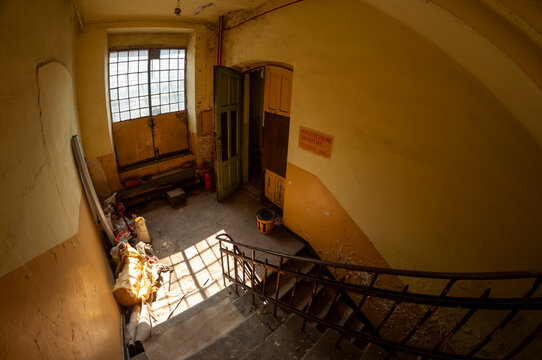 Abandoned old industrial textile research institute with laboratory chemistry glass, machinery workshop and factory hall