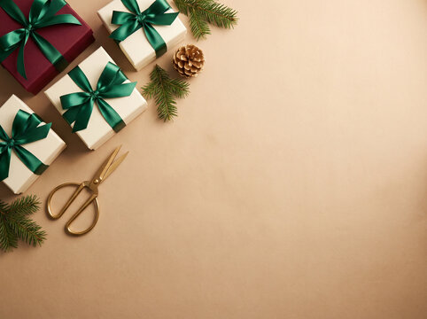 Gifts wrapped in green ribbons and pine branches on a festive table  