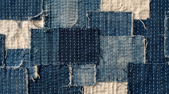 Traditional Japanese boro patchwork textile background featuring indigo blue and beige fabric scraps sewn together with visible white sashiko stitching.