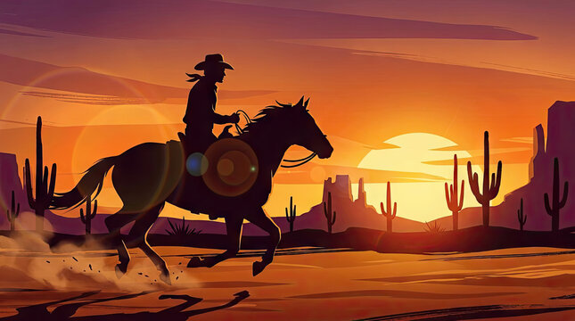 Silhouette of a cowboy riding horse through desert sunset.