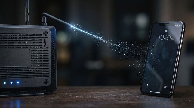Wireless router transmitting data signal to smartphone over wooden table with wireless transmitting smartphone internet connection communication technology electronic streaming download