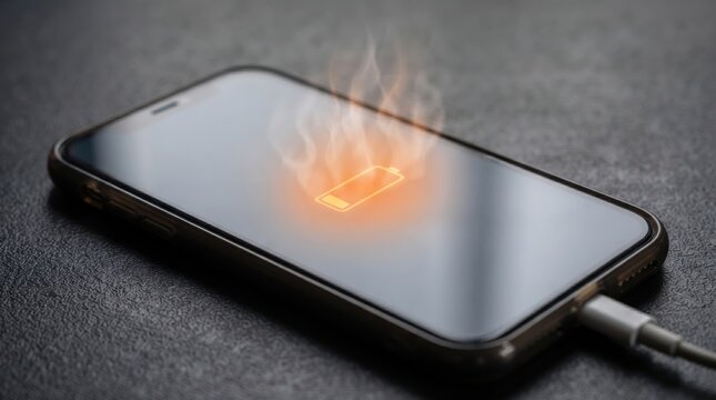 Smartphone overheating while charging with smoke icon on screen concept photo smartphone charging overheating technology electronic electricity connection malfunction breakdown temperature