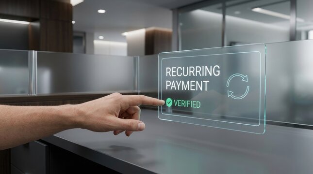 Recurring payment verified icon on digital screen with credit card
