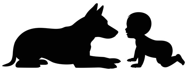 Black silhouette of a small baby crawling on the floor and facing a large german shepherd dog lying down, isolated on a white background