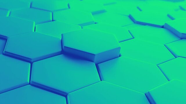 Abstract green and blue geometric blocks moving up and down in a seamless futuristic 3D pattern, creating a dynamic modern technology background with depth and fluid motion