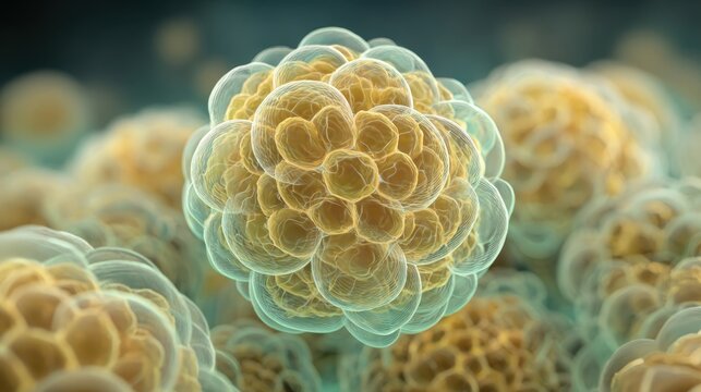 Detailed 3D rendering of a complex molecular structure, resembling a microscopic cellular organism with vibrant yellow and blue hues