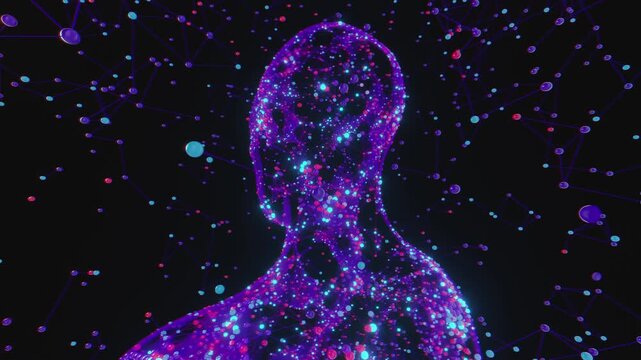 Seamless loop of abstract human head formed by glowing plexus network. Digital futuristic artificial intelligence model made of connected molecular nodes and neural lattice particle science background
