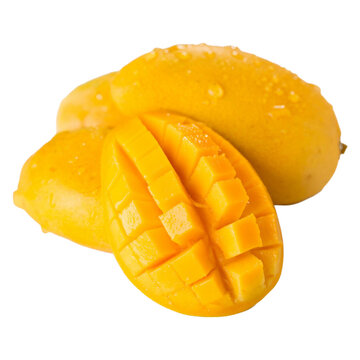 A bright, high-resolution food photograph displaying a cluster of vibrant yellow ripe mangoes. The highlight is a foreground slice skillfully scored and inverted into a traditional cross-hatch.