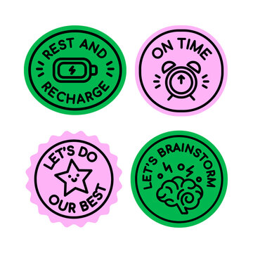 A neat 2x2 grid collection of graphic badge stickers rendered in bold pastel and neon tones. Designed with modern icons like an alarm clock, battery, star, and brain, the emblems carry uplifting.