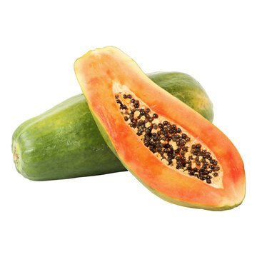 A clean, studio-lit commercial shot showing a vibrant orange papaya sliced lengthwise next to a whole, unpeeled green specimen. The exposed core clearly reveals a dense cluster of glossy.