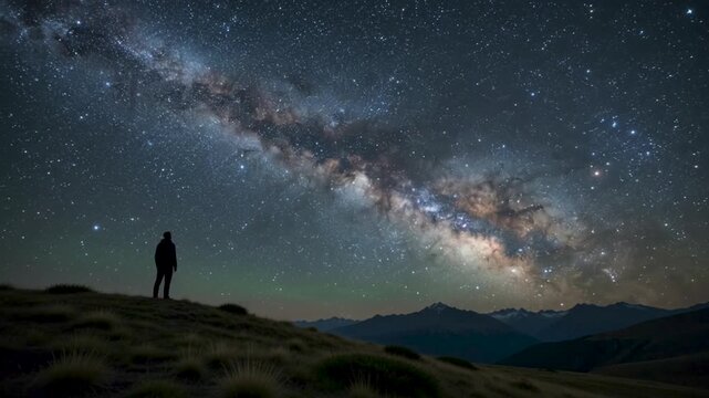 Silhouette of Person Standing Under Milky Way Galaxy and Starry Night Sky