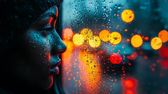 Rainy night, woman's profile, city lights, bus window, pensive mood
