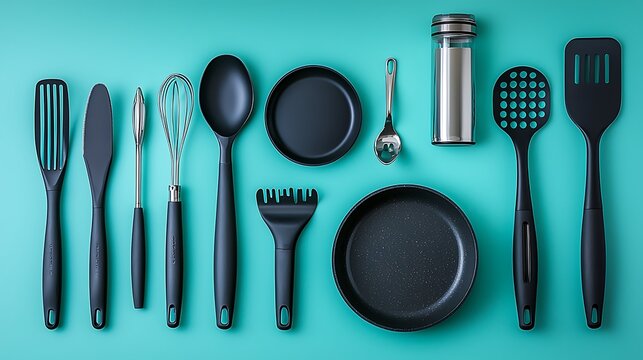 Flat lay of assorted dark gray kitchen utensils and cookware on turquoise background