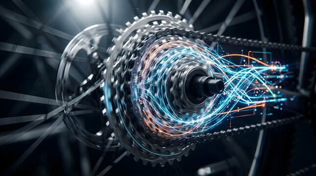 Close-up of a bicycle gear cassette with abstract digital neon light speed