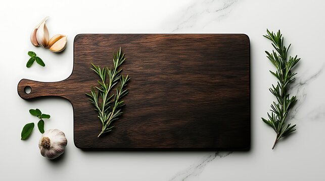 Dark wooden cutting board with herbs and garlic