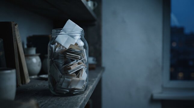 A dimly lit room captures a glass jar filled with handwritten notes and letters. The atmosphere is serene and reflective, inviting thoughts of cherished memories from the past.