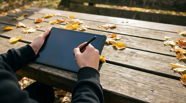 Hands using digital stylus on tablet at wooden park table with autumn leaves