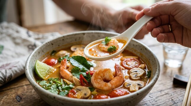 Closeup of a hand holding a spoon over a bowl of steaming tom yum soup with shrimp, mushrooms, tomatoes, and lime on a wooden table