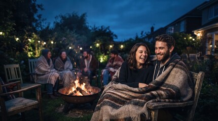 Obraz premium In a serene garden during a cool evening, a group of friends enjoys each other's company around a glowing campfire.