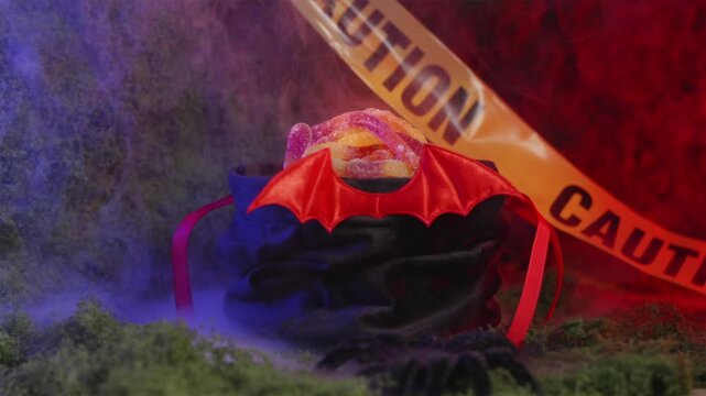 Halloween bat pouch overflowing with candies in red blue lighting